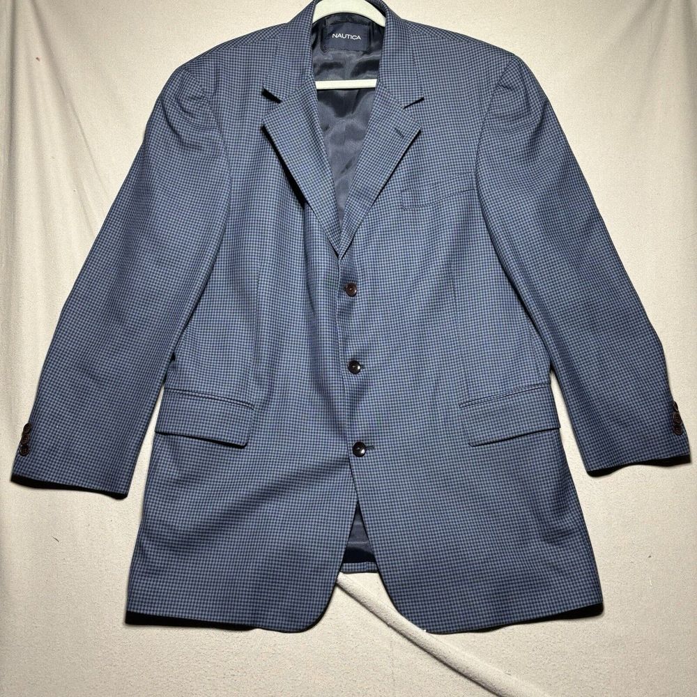 Nautica 100% Wool Blazer Coat Jacket Mens 46L Blue CheckerBoard 3 Button